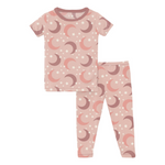 Print Short Sleeve Pajama Set - Peach Blossom Moon and Stars