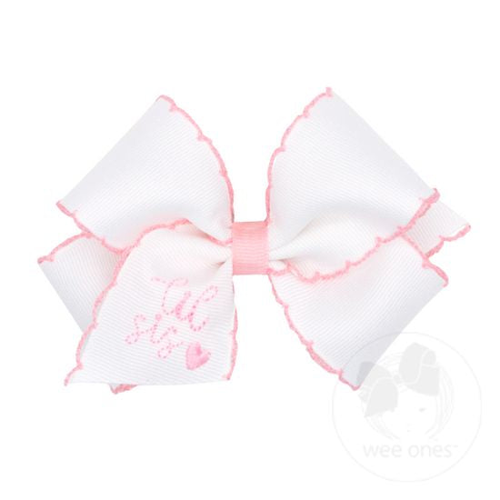 Small Grosgrain Moonstitch Girls Hair Bow with Embroidered Sister Status