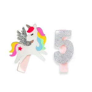
            
                Load image into Gallery viewer, Unicorn Birthday Number 5 Hair Clips
            
        