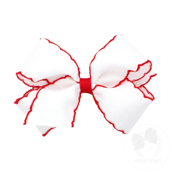 Medium Grosgrain Hair Bow with Contrasting Moonstitch Edges and Wrap - White with Red Trim
