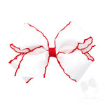 Medium Grosgrain Hair Bow with Contrasting Moonstitch Edges and Wrap - White with Red Trim