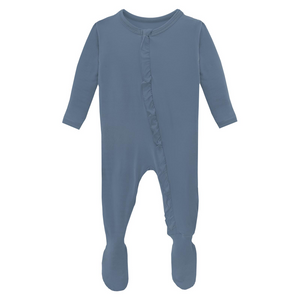 
            
                Load image into Gallery viewer, Classic Ruffle Footie with 2 Way Zipper in Parisian Blue
            
        