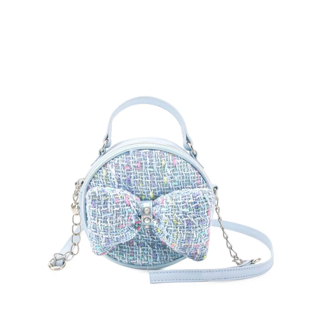 Tweed Bow Blue Round Crossbody Bag