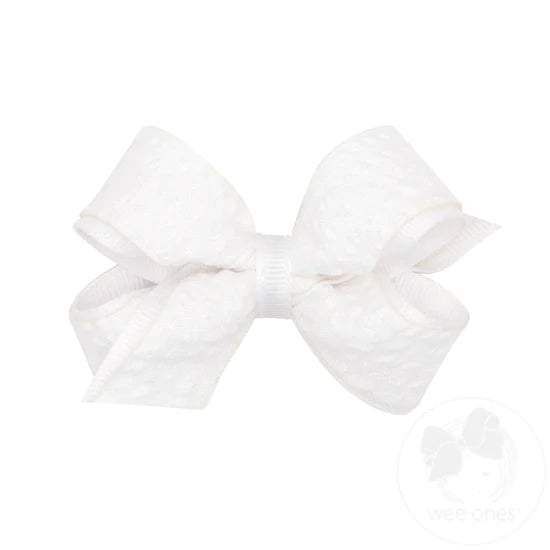 Mini Genuine Seersucker Fabric and Grosgrain Overlay Hair Bow - White