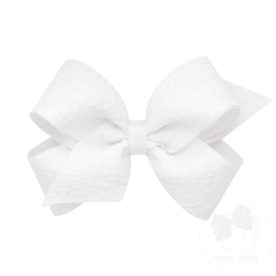 Medium Genuine Seersucker Fabric Grosgrain Overlay Hair Bow - White
