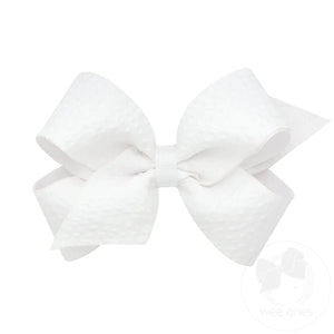 Medium Genuine Seersucker Fabric Grosgrain Overlay Hair Bow - White