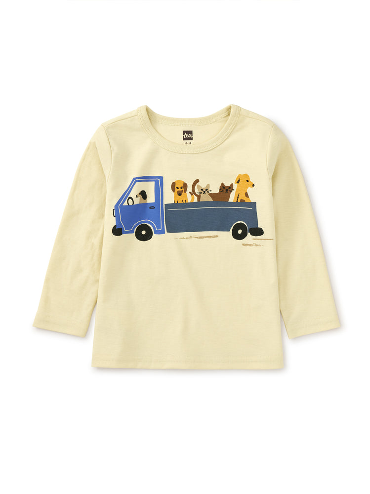 Dogs + trucks graphic on super soft tee. Crafted of 100% cotton jersey, the long sleeve tee's colors will hold up, wash after wash.