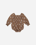 Sweet baby onepiece with delicate square neckline and long sleeves

Featuring our 'autumn rose' all-over print on brown 
