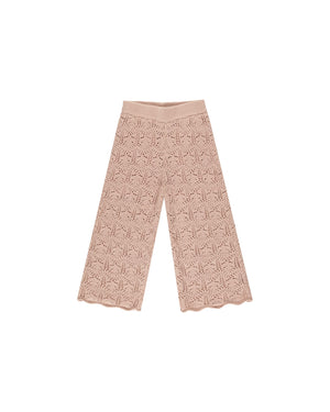 Crochet knit pants featuing a ribbed waistline and scallop hem. 

Color: Rose