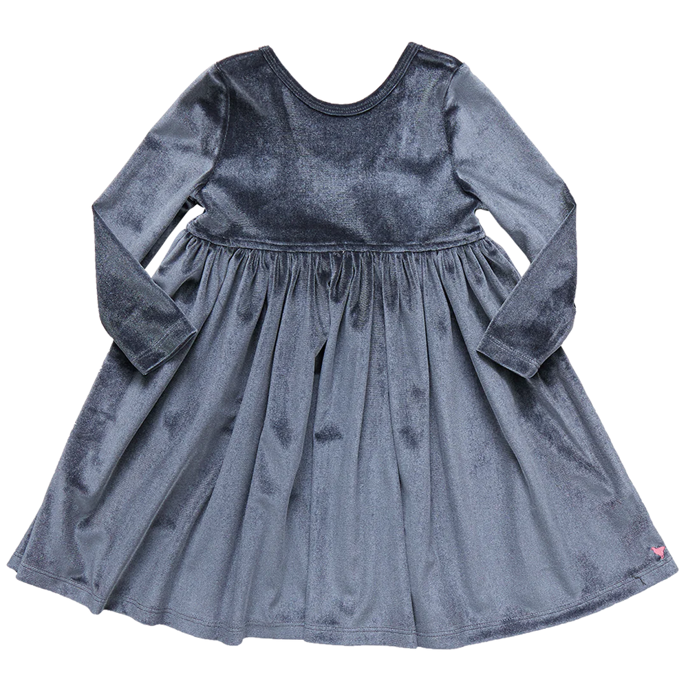 crewneck Girls Steph Dress  crafted in a soft and shimmery velour fabric. This Pink Chicken classic is loved for its roomy fully gathered skirt, long skinny sleeve and slightly scooped back. Available in Dark Gray and Pink.