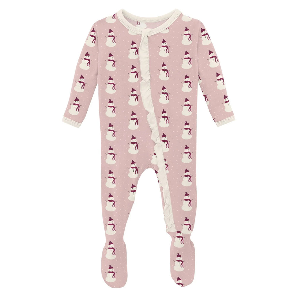 Classic Ruffle Footie with 2 Way Zipper in Baby Rose Tiny Snowman