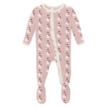Classic Ruffle Footie with 2 Way Zipper in Baby Rose Tiny Snowman