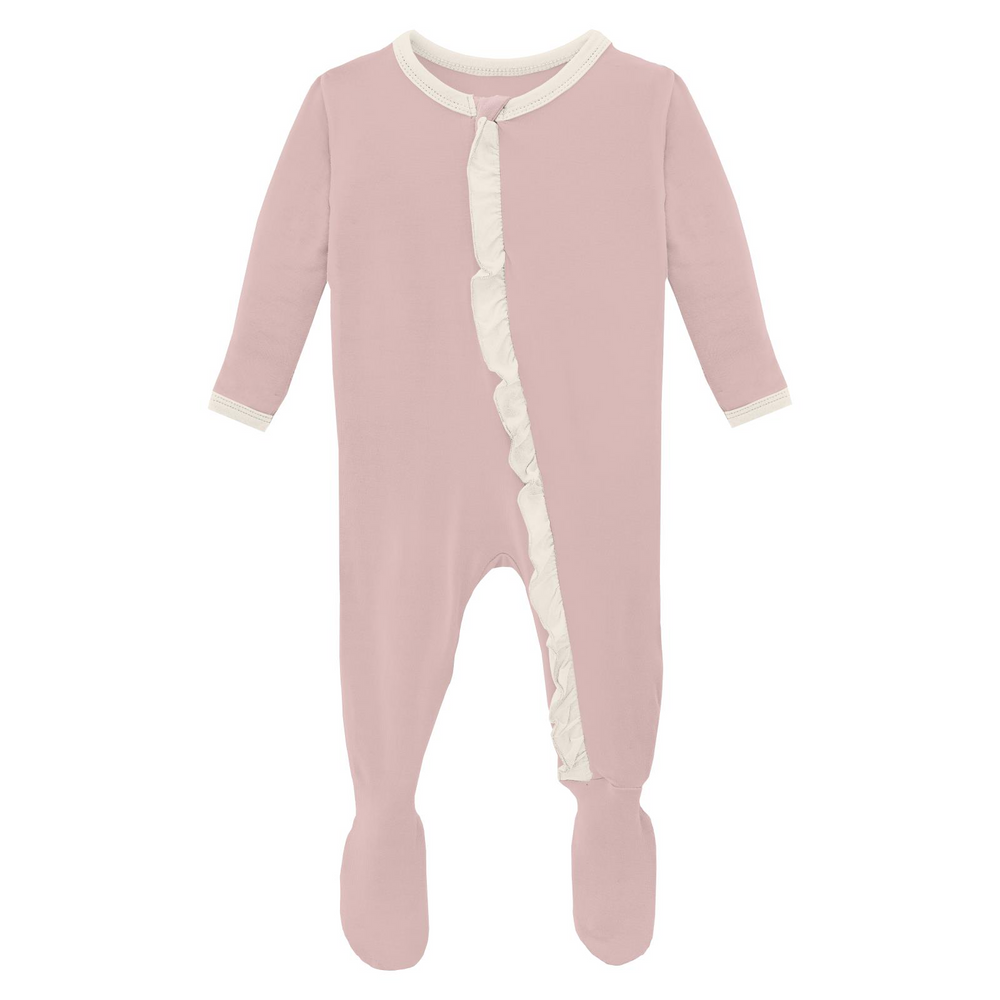 Classic Ruffle Footie with 2 Way Zipper - Baby Rose with Natural