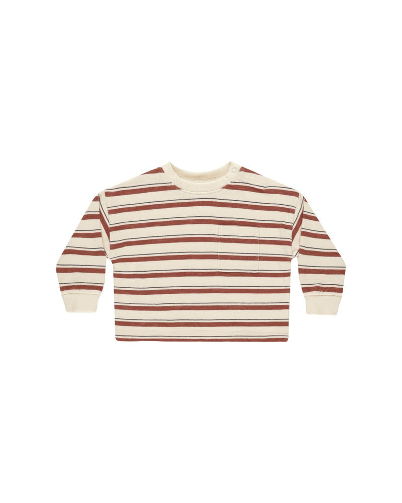 Relaxed fit longsleeve tee with contrast ribbing at the neck and sleeve openings. 

Featuring ‘brick stripe’ all over pattern.
