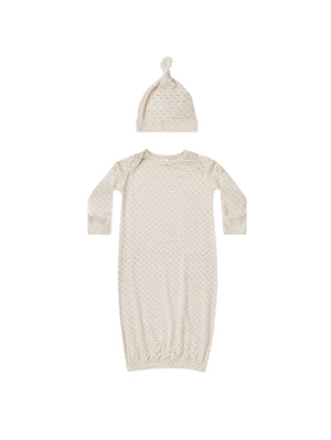 Knotted Baby Gown + Hat Set - Oat Check