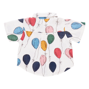 Your little one will be the life of the party in this fun-loving Balloon Bunches print. Signature details on this short sleeve, collared staple are a pattern on pattern roomy front chest pocket and a faux coconut button front closure. 