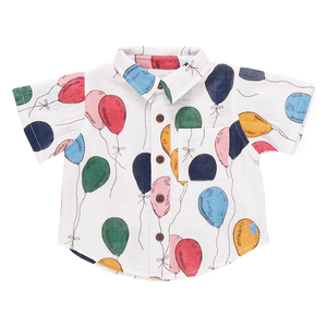 Your little one will be the life of the party in this fun-loving Balloon Bunches print. Signature details on this short sleeve, collared staple are a pattern on pattern roomy front chest pocket and a faux coconut button front closure. 