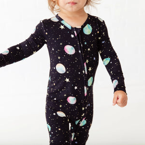 
            
                Load image into Gallery viewer, Space Jammies Planets Bamboo Convertible Footie Pajamas
            
        