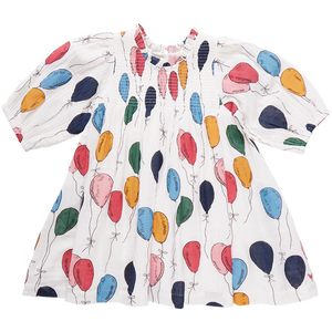 Girls Puff Sleeve Stevie Dress in a fun-loving Balloon Bunches print. Signature details on this party-ready dress include a vintage inspired smocked front, a tiny ruffle at the neck and a short puffed sleeve. Invisible zipper closure at the back. 
