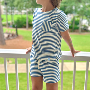 Cream And Denim Blue Stripe Boatneck Tee