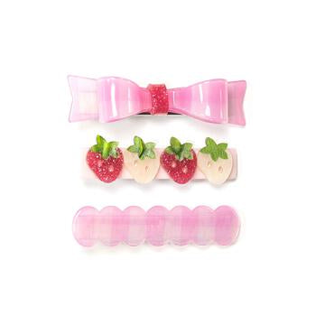 Pink Checked Bow and Strawberries Hair Clips