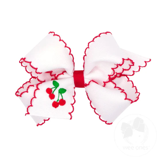 
            
                Load image into Gallery viewer, Medium Grosgrain Hair Bow with Moonstitch Edge and Summer-themed Embroidery - Cherry
            
        